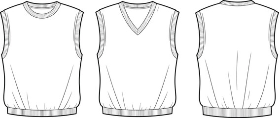 Technical flat sketch of sleeveless sweater vest, crew neck V-neck back view design, fashion template, garment construction drawing, apparel illustration, vector outline