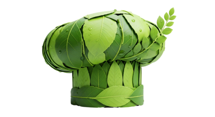 Chef hat made entirely of vibrant green fresh leaf material isolated on transparent background