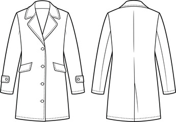 Technical flat sketch of tailored coat, notched lapel flap pocket vented back design, fashion template, garment construction drawing, apparel illustration, vector outline