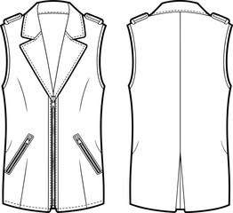 Technical flat sketch of sleeveless vest, notched lapel shoulder epaulet zippered pocket back vent design, fashion template, garment construction drawing, vector outline