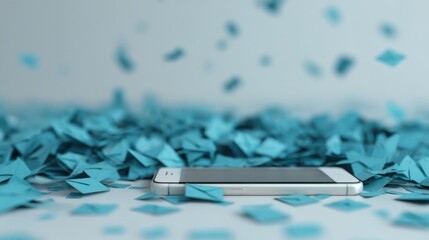 A smartphone rests amid a scattered sea of blue paper confetti, creating a vibrant and playful visual contrast.
