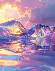 Iridescent waves reflect sunset colors