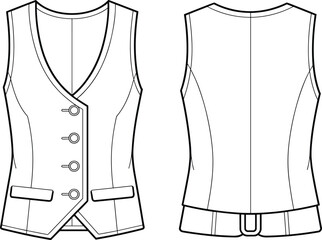 Technical flat sketch of tailored vest, deep V-neck welt pocket princess seam back belt design, fashion template, garment construction drawing, vector outline
