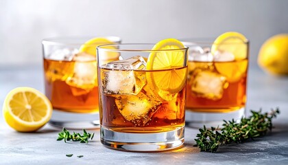 Three drinks with lemon and ice