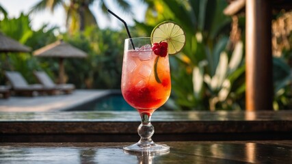 Tropical cocktail with lime and raspberry at resort pool