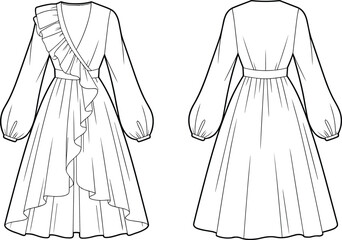 Technical flat sketch of wrap dress, asymmetrical ruffle voluminous sleeve high-low hem fitted waist design, fashion template, garment construction drawing, vector outline