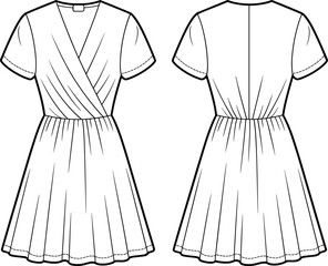 Technical flat sketch of wrap dress, short sleeve V-neck gathered waist pleated skirt design, fashion template, garment construction drawing, apparel illustration, vector outline
