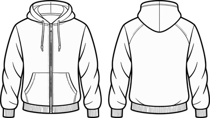 Technical hoodie drawing, front and back view, fashion design, garment illustration, sweatshirt sketch, apparel template, hoodie construction, clothing blueprint, raglan sleeve, zip-up style