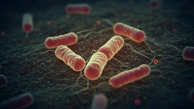 Microscopic Bacteria Rods Swarming In Dark Textured Background Cinematic Footage