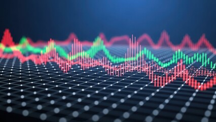 Red and green candlestick waves on futuristic grid representing trading volatility
