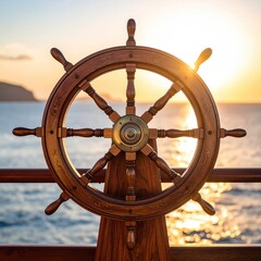 Wooden ship's wheel against a sunset