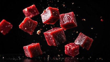 Cubed raw meat pieces against black