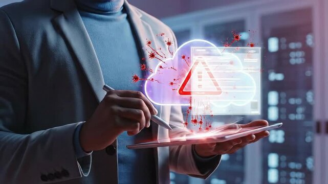Cloud security alert - A person holding a tablet with a warning sign.