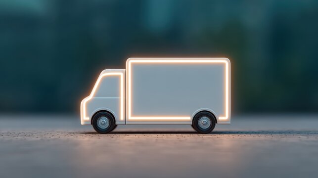 A stylized, glowing delivery truck model on a surface, showcasing a modern, minimalist design with a focus on form and illumination.