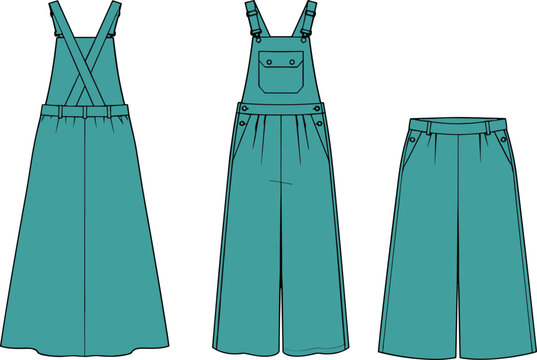Teal garment illustration set, cartoon fashion clipart, overalls skirt culottes design, clothing construction artwork, trendy outfit concept, apparel elements for pattern making