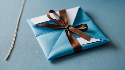 Blue origami gift parcel with brown ribbon bow