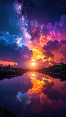 Dreamy colorful sunset river scene