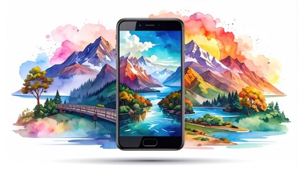 Phone with scenic landscape display