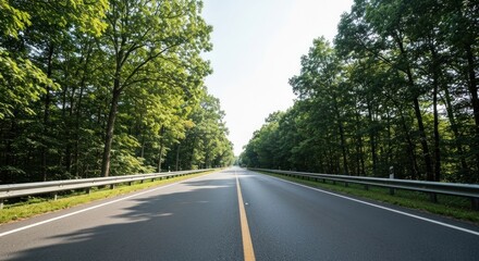 Fototapeta premium Empty road through lush green trees, leading to the horizon under clear sky
