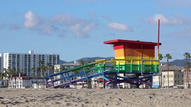 Beach Rianbow Lifeguard Stand With Clouds.