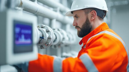 A focused worker in an orange safety suit monitors machinery with precision, showcasing dedication in an industrial environment.