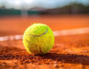 Tennis ball on a clay court closeup