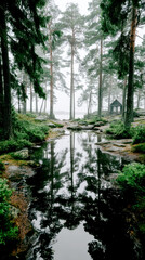 Misty Forest Pond with Pine Trees and Small Wooden Cabin Reflected in Still Water