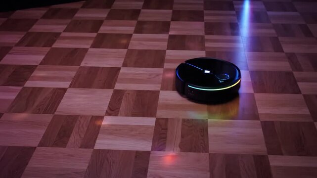 Autonomous vacuum cleaner on wooden parquet, cleaning the floor