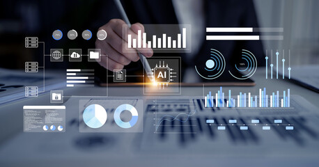 Professional analyzing of data in a modern business setting featuring advanced digital elements,...