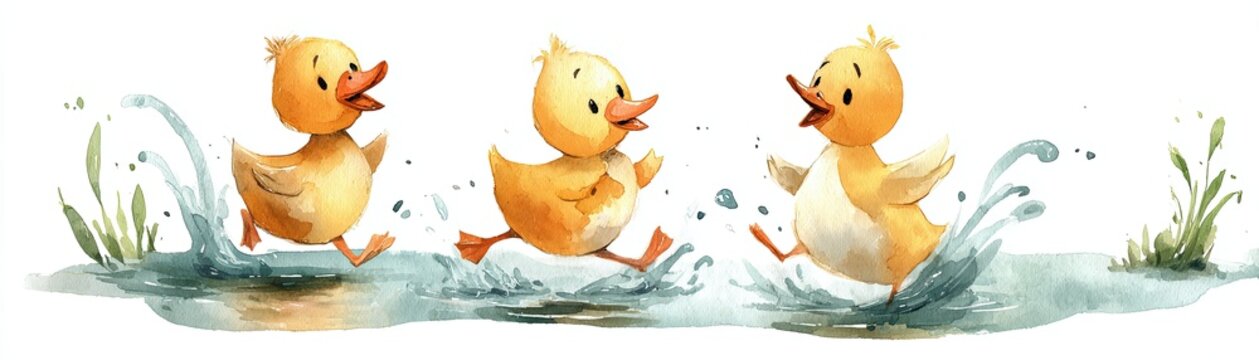 Three cheerful ducks splash playfully in the water, creating a lively scene filled with joy and nature.