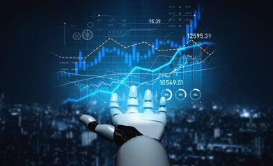 A futuristic robotic hand connects with dynamic graphs and charts in a digital environment,...