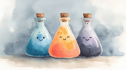 Three colorful, smiling potion bottles are depicted in a whimsical watercolor style, showcasing a playful, magical aesthetic.