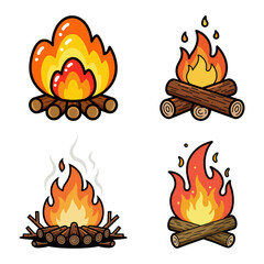 collection of cartoon campfires with logs and flames great for camping, outdoor, adventure, naturethemed