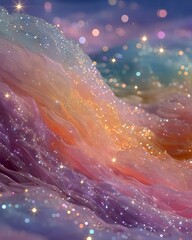 Gentle ocean of starlight waves blending warm peach, violet, and aqua hues in soft serenity