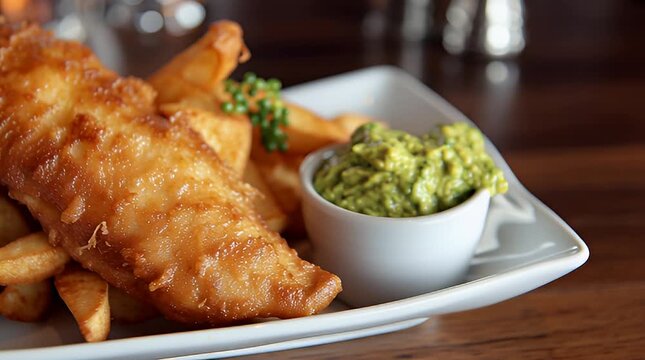 Serving Fish and Chips with Mushy Peas on White Plate