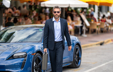 Mature businessman. Rich business man expressing success. Luxury business. Rich man near expensive car. Luxury business travel. Confident rich businessman in classic suit