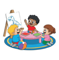 Children painting dinosaur art in classroom kindergarten preschool learning creative activities illustration