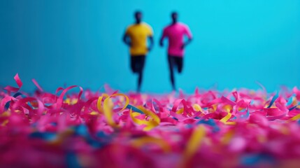 Two runners in vibrant shirts sprint through a colorful carpet of confetti, creating an energetic and festive atmosphere.