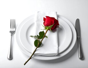 Elegant table setting with red rose atop a white napkin on a plate, fork and knife