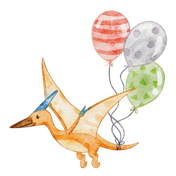 Watercolor pterodactyl with balloons for birthday party.