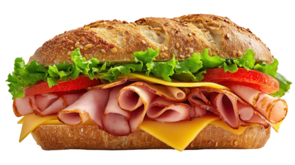 Ham and cheese salad submarine sandwich from freshly cut baguette