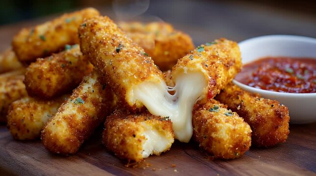 Mozzarella Sticks Pile with Marinara Sauce Closeup on Wooden Board