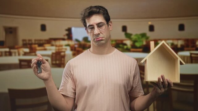 Man holds small wooden house model and metal keys, pouting lips and lowered gaze inside a building with tables and chairs visible; mortgage disappointment.