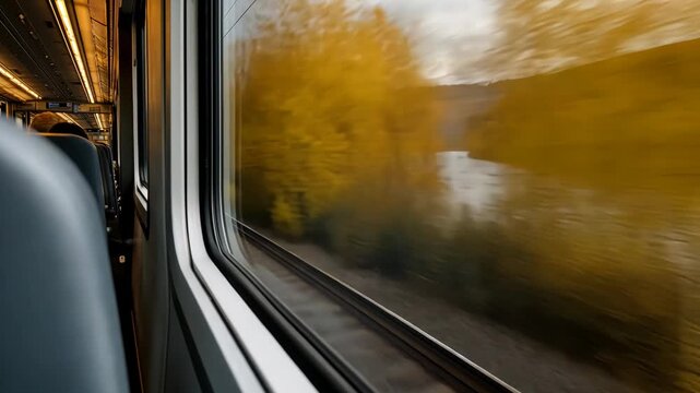 Scenic autumn train journey along a vibrant riverbank at dusk