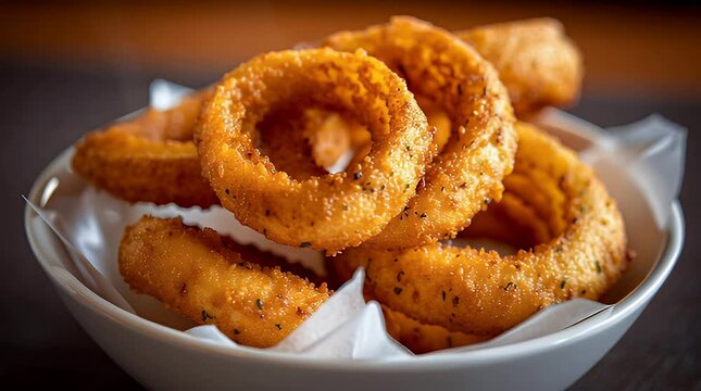 Golden Fried Onion Rings Pile in White Bowl Close Up