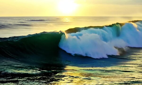Ombak di pantai ketika matahari terbit dan langit berwarna keemasan 
