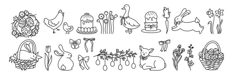 Easter elements simple symbol set. Easter eggs, basket of eggs cakes, rabbit, chicken, goose lamb and flowers. Easter icon sign holiday scene festive. Cartoon childish vector hand drawn illustration