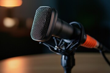 A sleek wireless microphone placed on a podcast table