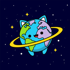 Cute cat earth silhouette in space
