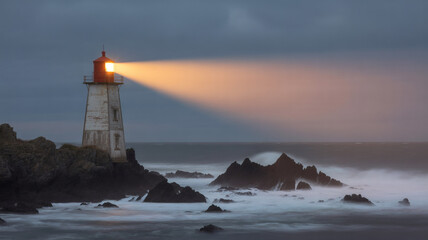 Phare Illuminé au Crépuscule Marin
